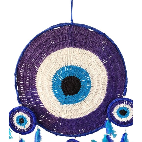 Crocheted Evil Eye Blue and White Dreamcatcher With Feathers and Beads 36" Long - Picture 2 of 8